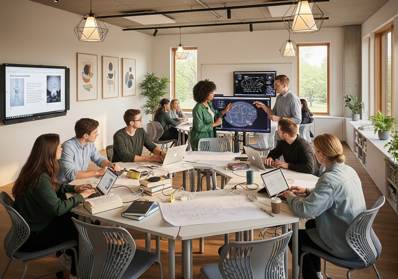 Aula moderna di design con studenti che collaborano su un progetto