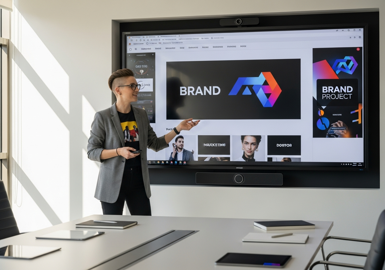 Designer che presenta un progetto di brand su un grande schermo